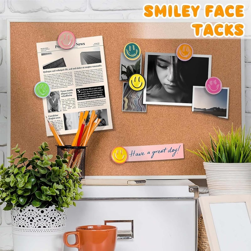 CoolShef 24PCS Smiley Face Push Pins (6 Colors), Cute Decorative Thumb Tacks for Soft Board, Bulletin Board Borders for School, Pin for Notice Board or Office Use - Image 4