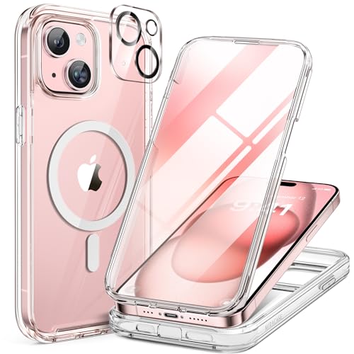 Miracase Glass Series for iPhone 15 Case [Compatible with MagSafe] Full-Body Magnetic Case with Built-in 9H Tempered Glass Anti-Fingerprint Screen Protector + Camera Lens Protector, Clear - Image 1