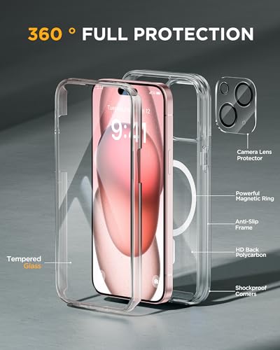 Miracase Glass Series for iPhone 15 Case [Compatible with MagSafe] Full-Body Magnetic Case with Built-in 9H Tempered Glass Anti-Fingerprint Screen Protector + Camera Lens Protector, Clear - Image 2