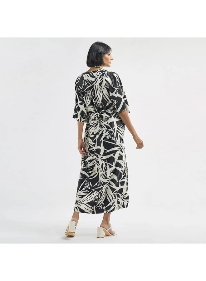 Splash FAV All-Over Tropical Print V-neck Kaftan Dress with Tie-Up Belt and Slit Detail