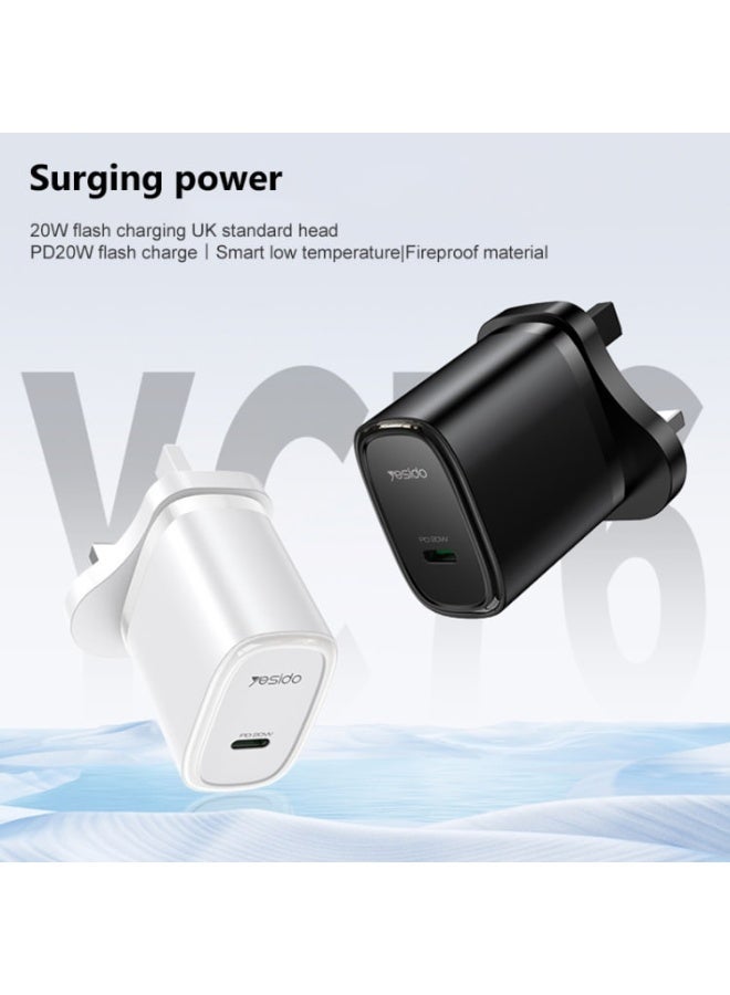 Yesido YC76B PD 20W USB-C / Type-C Single Port Quick Charger, UK Type Plug (Black) - Image 2