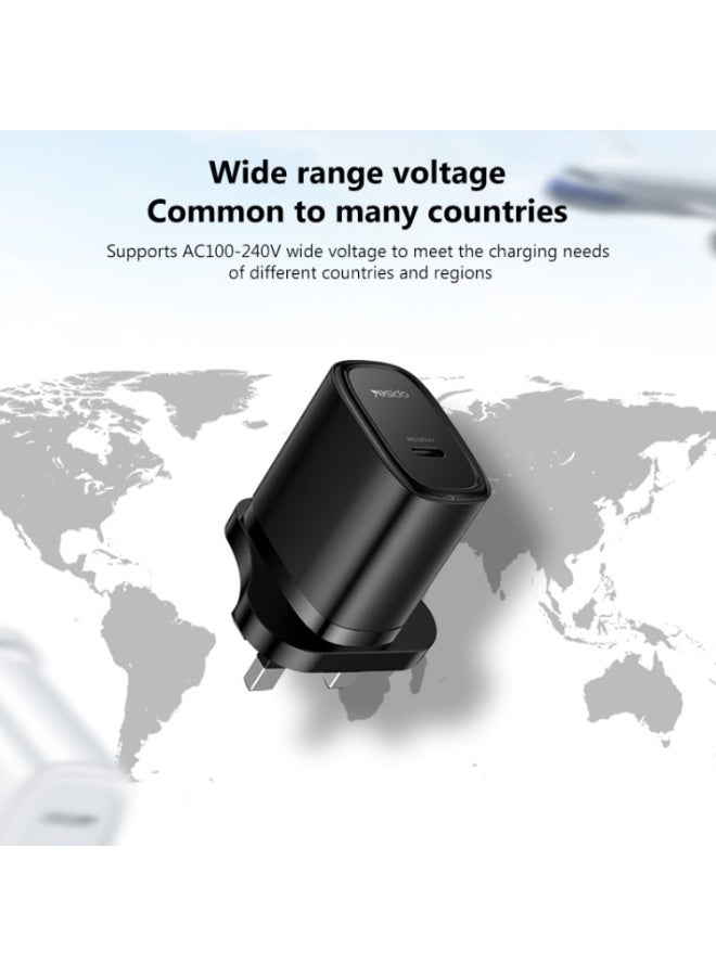 Yesido YC76B PD 20W USB-C / Type-C Single Port Quick Charger, UK Type Plug (Black) - Image 3