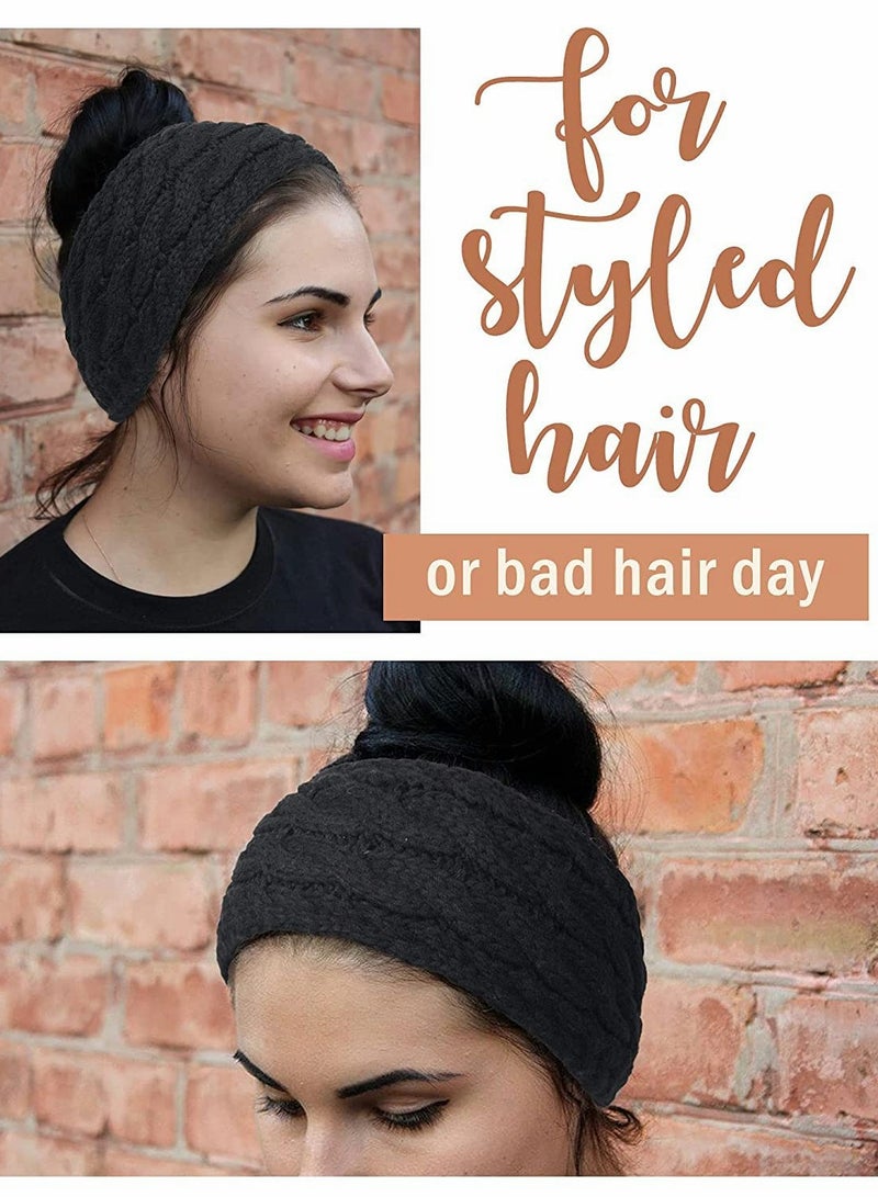 إسكدنيا Womens Ear Warmers Headbands Winter Warm Fuzzy Cable Knit Head Wrap One Size (Black-Beige) - Image 5