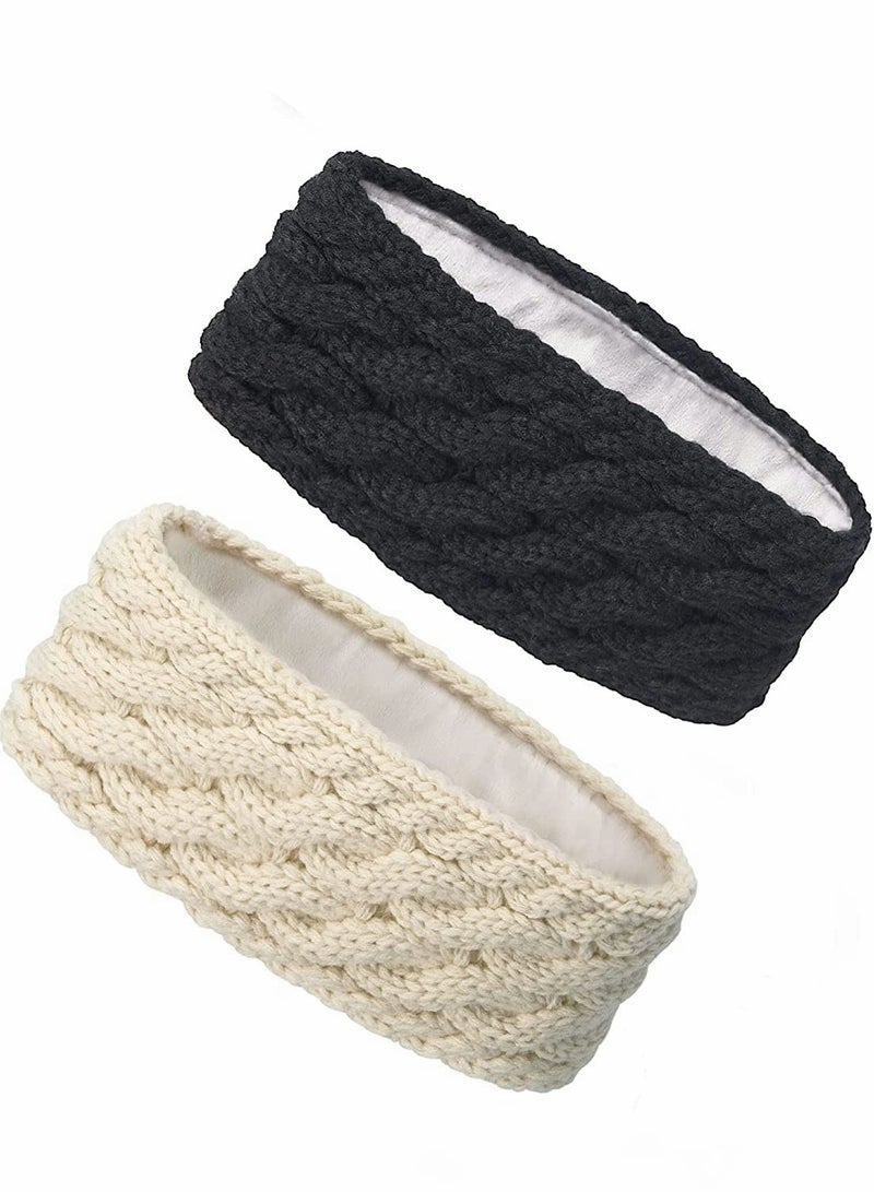 إسكدنيا Womens Ear Warmers Headbands Winter Warm Fuzzy Cable Knit Head Wrap One Size (Black-Beige) - Image 1