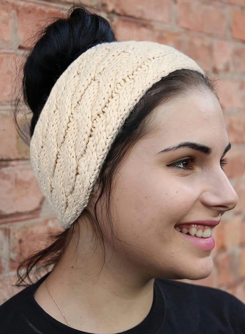 إسكدنيا Womens Ear Warmers Headbands Winter Warm Fuzzy Cable Knit Head Wrap One Size (Black-Beige) - Image 4