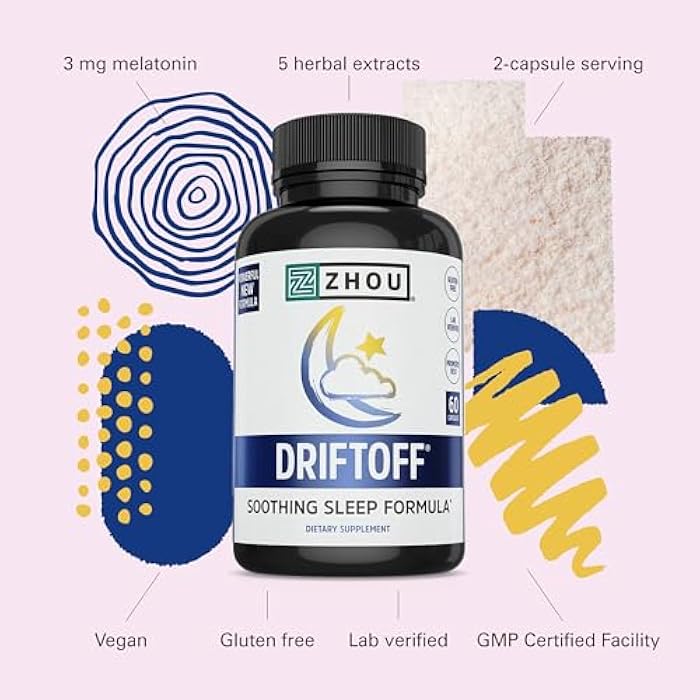 Zhou Driftoff - Nature Inspired Sleep Aid, Valerian Root & Melatonin for Sleep for Men & Women, Calm Sleeping Supplement for Adults with Gaba & Chamomile to Relax - 60 Veggie Capsules - Image 4