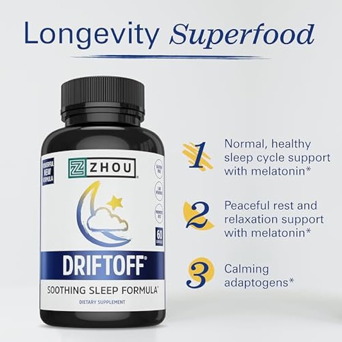 Zhou Driftoff - Nature Inspired Sleep Aid, Valerian Root & Melatonin for Sleep for Men & Women, Calm Sleeping Supplement for Adults with Gaba & Chamomile to Relax - 60 Veggie Capsules - Image 3
