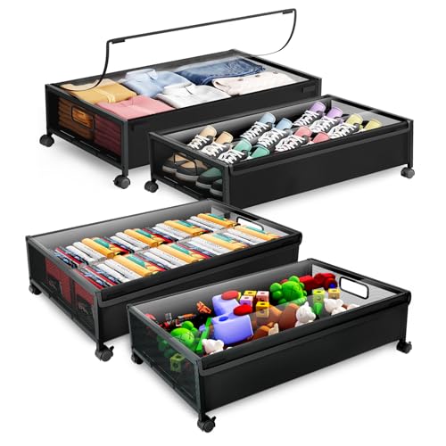 LeArex Under Bed Storage with Wheels，4 Pack Under Bed Storage Containers,Underbed Shoe Storage Bedroom Large Capacity Under Bed Storage with Lid for Clothes Shoes Toys Blankets - Image 1