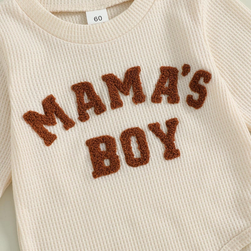 MERSARIPHY Newborn Baby Boy Fall Winter Clothes Mama's Boy Little Dude Outfit Embroidery Waffle Knit Romper Pants Sets (Beige-mama's boy, 3-6 Months) - Image 5