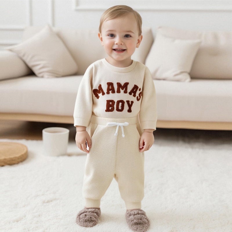 MERSARIPHY Newborn Baby Boy Fall Winter Clothes Mama's Boy Little Dude Outfit Embroidery Waffle Knit Romper Pants Sets (Beige-mama's boy, 3-6 Months) - Image 3