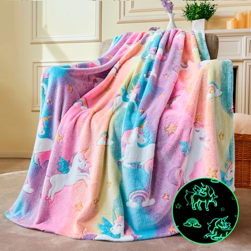 Joiedomi Glow in The Dark Blanket  Unicorns Gifts Toys for Girls Age 2 3 4 5 6 7 8 9 10 11 12 Year Old  Soft Cozy Flannel Kids Throw Blanket Birthday Bedroom Decor 5060