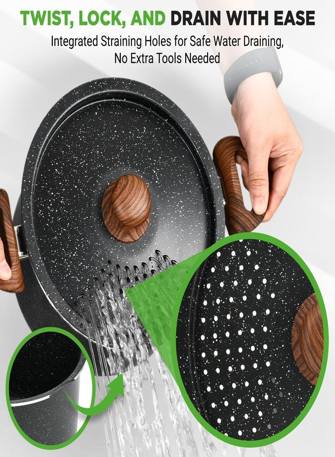 NutriChef 5qt Pasta Pot with Strainer Lid & Pasta Fork | Non-Stick Cooking Pot | Lockable Lid, Heat Resistant Handles | Even Heat Distribution | Easy Clean | Black Marble - Image 2