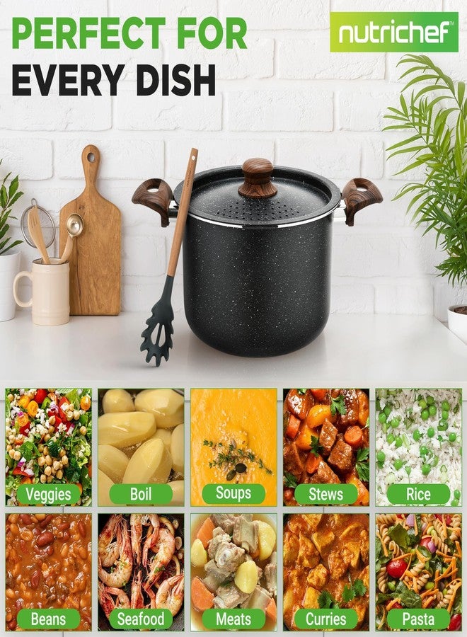 NutriChef 5qt Pasta Pot with Strainer Lid & Pasta Fork | Non-Stick Cooking Pot | Lockable Lid, Heat Resistant Handles | Even Heat Distribution | Easy Clean | Black Marble - Image 4