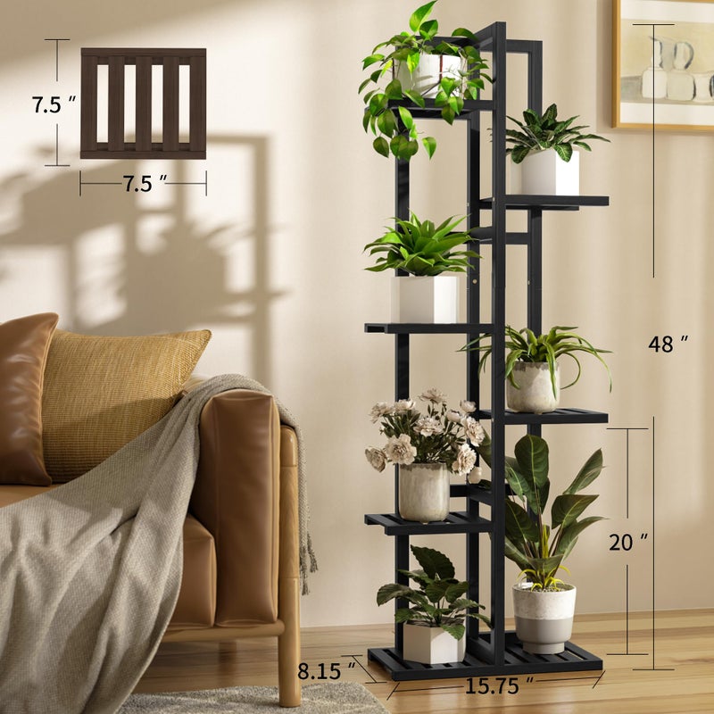 ROMGUAR CRAFT 6 Tier Bamboo Plant Stand Indoor, Wood Tall Flower Holder Corner Tiered Plant Shelf for Multiple Plants (Black) - Image 3