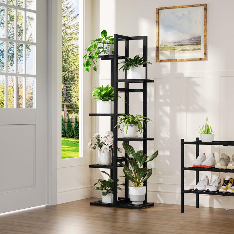 ROMGUAR CRAFT 6 Tier Bamboo Plant Stand Indoor, Wood Tall Flower Holder Corner Tiered Plant Shelf for Multiple Plants (Black) - Image 2