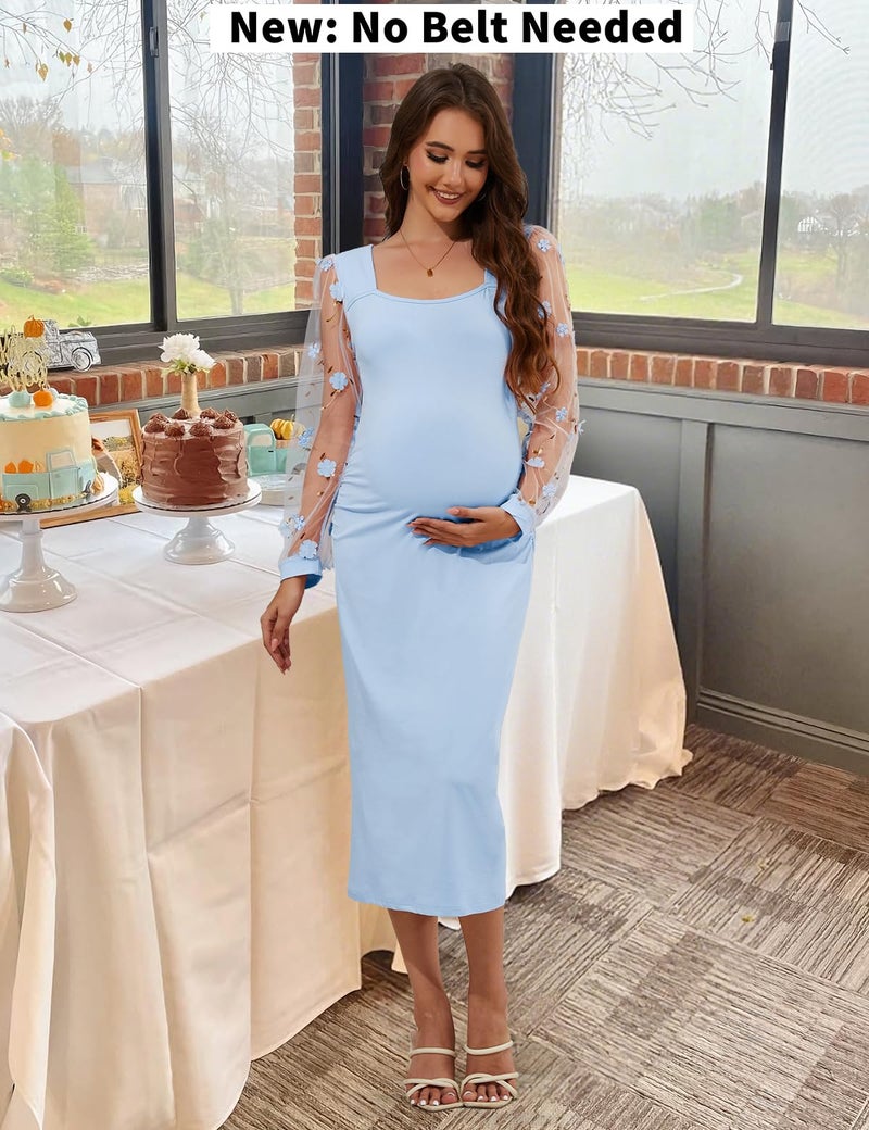 LAHILO Floral Mesh Bishop Long Sleeve Maternity Midi Dress, Fall Maternity Bodycon Dress for Baby Shower Bright Blue - Image 2
