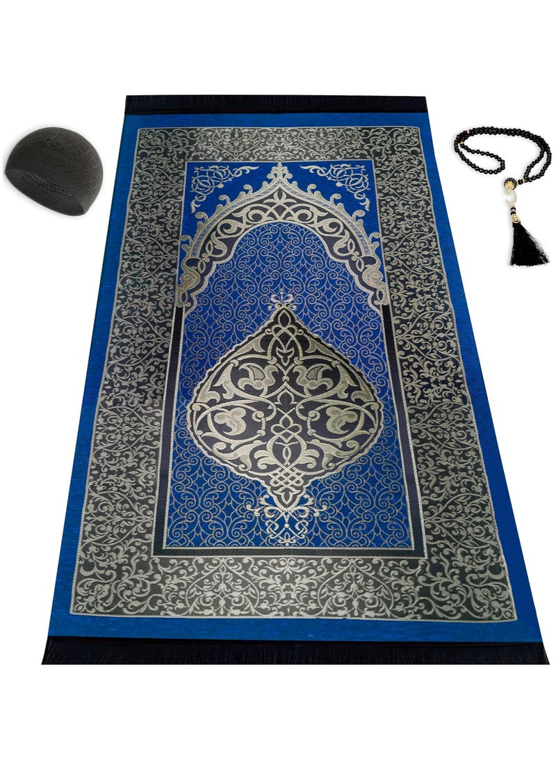 Muslim Prayer Rug Prayer Beads Kufi Hat for Men and Women 100% Breathable Black Skull Beanie Traditional Desing Prayer Mat Eid Ramadan Gifts Islamic Set Salah Mat Taffeta Fabric Soft (Blue)  - Image 1