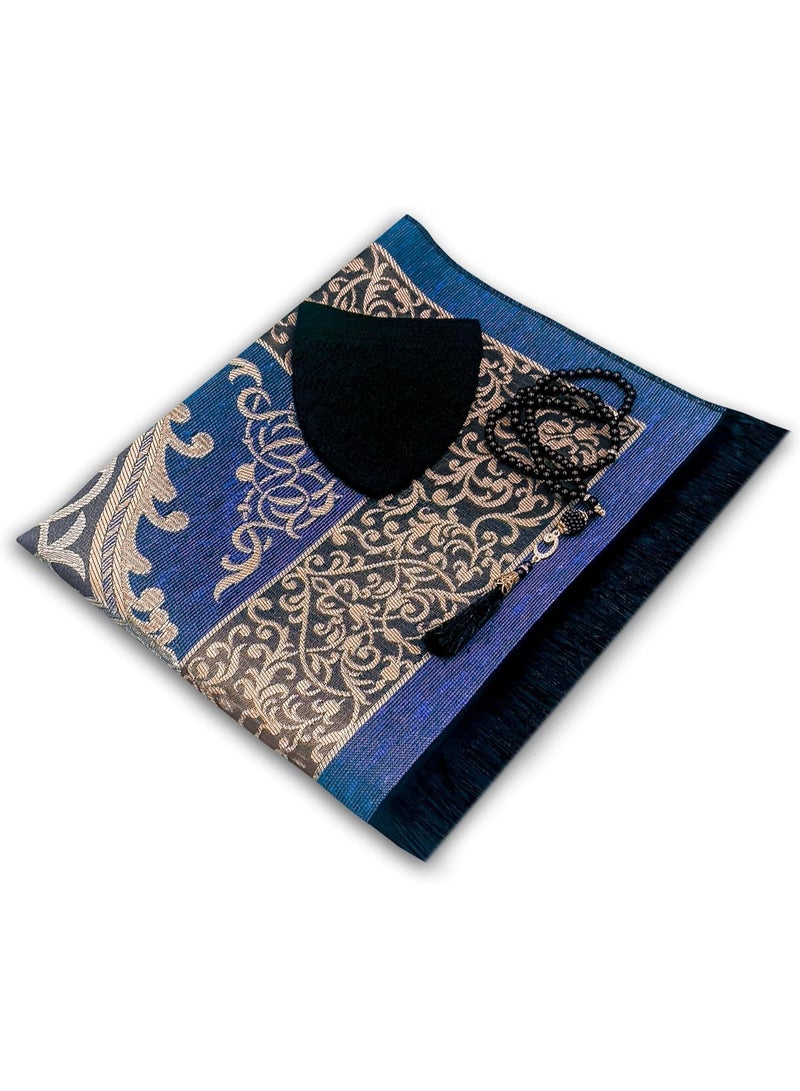 Muslim Prayer Rug Prayer Beads Kufi Hat for Men and Women 100% Breathable Black Skull Beanie Traditional Desing Prayer Mat Eid Ramadan Gifts Islamic Set Salah Mat Taffeta Fabric Soft (Blue)  - Image 2
