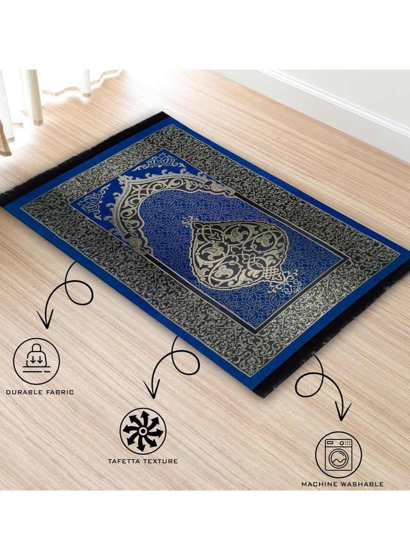 Muslim Prayer Rug Prayer Beads Kufi Hat for Men and Women 100% Breathable Black Skull Beanie Traditional Desing Prayer Mat Eid Ramadan Gifts Islamic Set Salah Mat Taffeta Fabric Soft (Blue)  - Image 3
