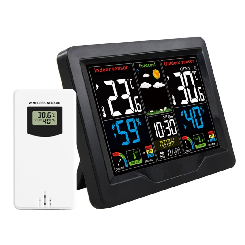 Wireless Weather Forecast Station Clock: Black Large LCD Color Screen - RF Transmitter With 60M Range Dual Alarm Snooze Function for Home Indoor Outdoor Use - Image 1