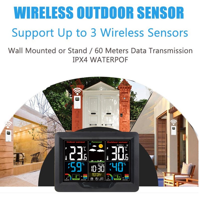Wireless Weather Forecast Station Clock: Black Large LCD Color Screen - RF Transmitter With 60M Range Dual Alarm Snooze Function for Home Indoor Outdoor Use - Image 5