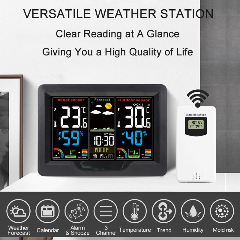 Wireless Weather Forecast Station Clock: Black Large LCD Color Screen - RF Transmitter With 60M Range Dual Alarm Snooze Function for Home Indoor Outdoor Use - Image 4