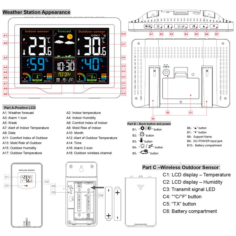Wireless Weather Forecast Station Clock: Black Large LCD Color Screen - RF Transmitter With 60M Range Dual Alarm Snooze Function for Home Indoor Outdoor Use - Image 2