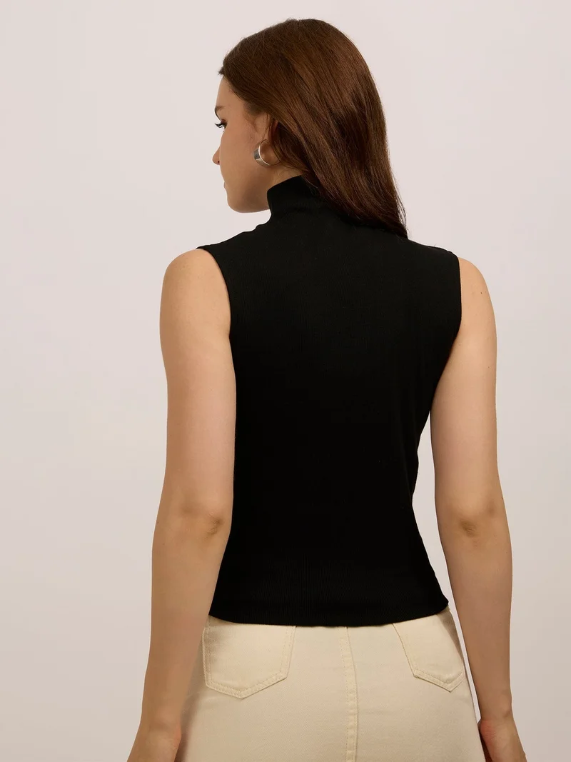 Outzidr  Black High Neck Solid Ribbed Top for Women | Best Price UAE