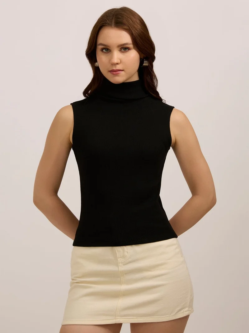 Outzidr  Black High Neck Solid Ribbed Top for Women | Best Price UAE