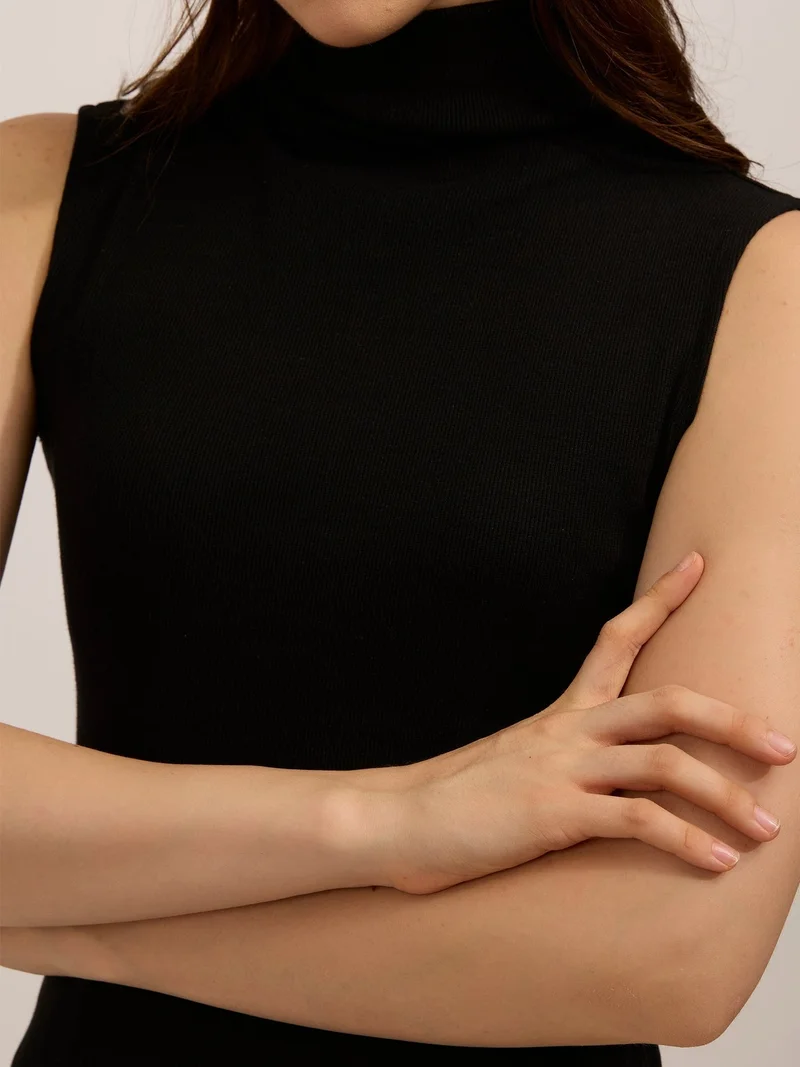 Outzidr  Black High Neck Solid Ribbed Top for Women | Best Price UAE