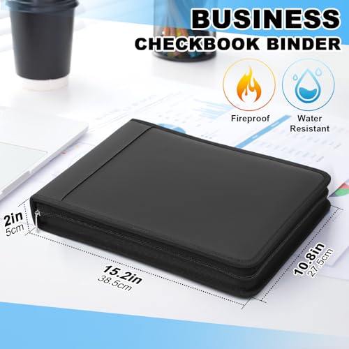 Henoyso 7 Ring Fireproof Business Checkbook Binder with Zipper 15 Inch D Rings Check Binder 9 x 13 Inch Checks 600 Sheets Capacity Built in Storage Organizer for Office StorageBlack - Image 3