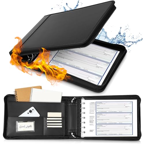 Henoyso 7 Ring Fireproof Business Checkbook Binder with Zipper 15 Inch D Rings Check Binder 9 x 13 Inch Checks 600 Sheets Capacity Built in Storage Organizer for Office StorageBlack - Image 1