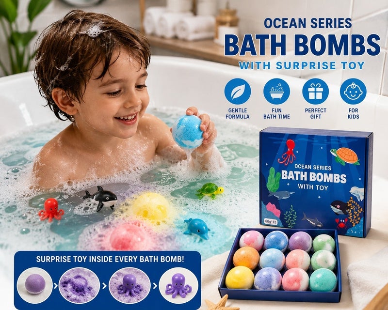 Ocean Series Bath Bombs with Surprise Toy – 12 Pack Bath Fizzers Set (60g Each) – Colorful Bubble Bath Bombs for Kids, Moisturizing & Relaxing Bath Experience, Ocean Animal Theme Gift Set - Image 1
