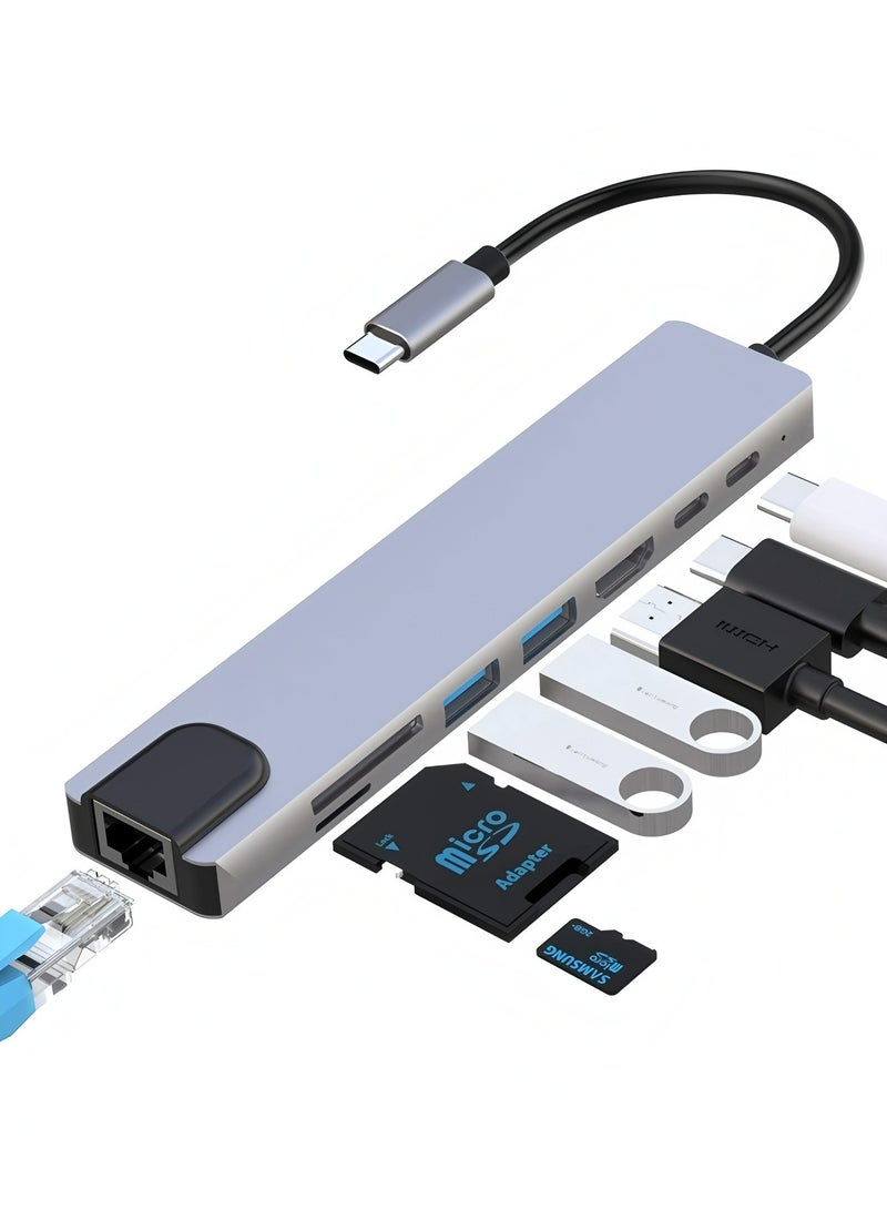 فليفيو موزع USB C، محول متعدد المنافذ 8 في 1 من النوع C مع HDMI بدقة 4K وتوصيل طاقة PD وUSB-C وEthernet و2 USB وقارئ بطاقات SD/TF متوافق مع أجهزة Mac Book Pro XPS والمزيد من أجهزة النوع C - Image 1