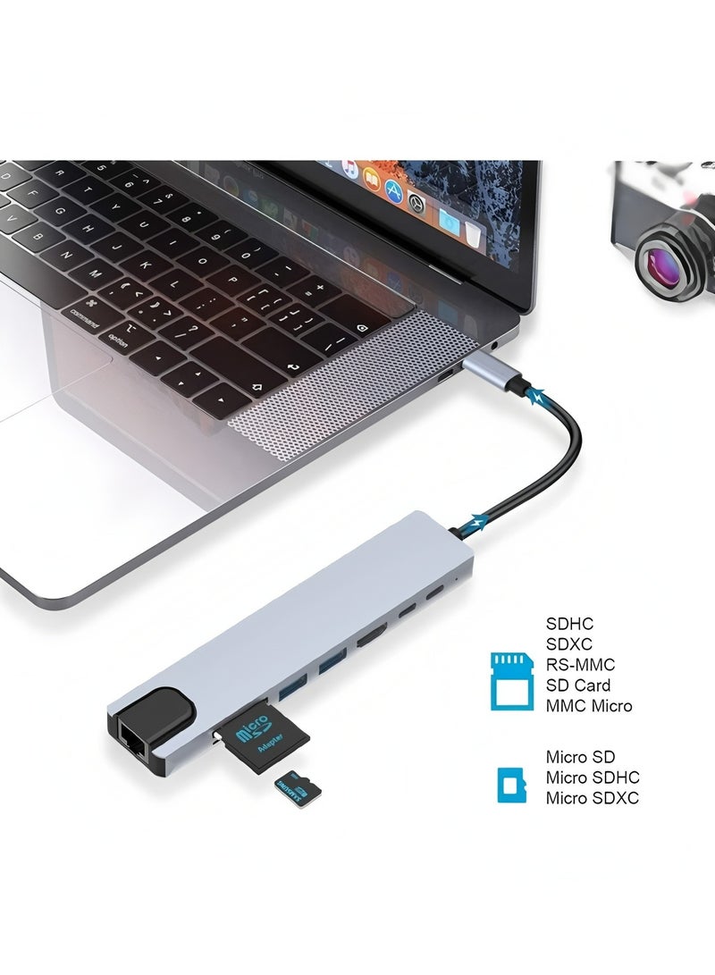 فليفيو موزع USB C، محول متعدد المنافذ 8 في 1 من النوع C مع HDMI بدقة 4K وتوصيل طاقة PD وUSB-C وEthernet و2 USB وقارئ بطاقات SD/TF متوافق مع أجهزة Mac Book Pro XPS والمزيد من أجهزة النوع C - Image 2