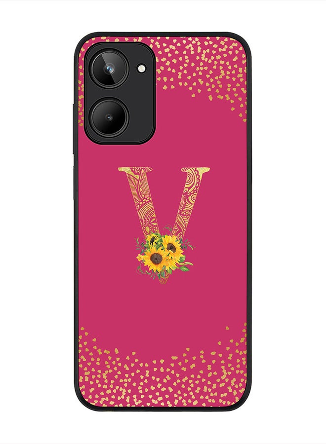 Stylizedd Cover for Realme 10 4G Case , Rugged Black Slim fit Phone Cases   - Custom Monogram Initial Letter Mandala Floral Pattern Alphabet-V (Dark Pink Rose) - Image 1