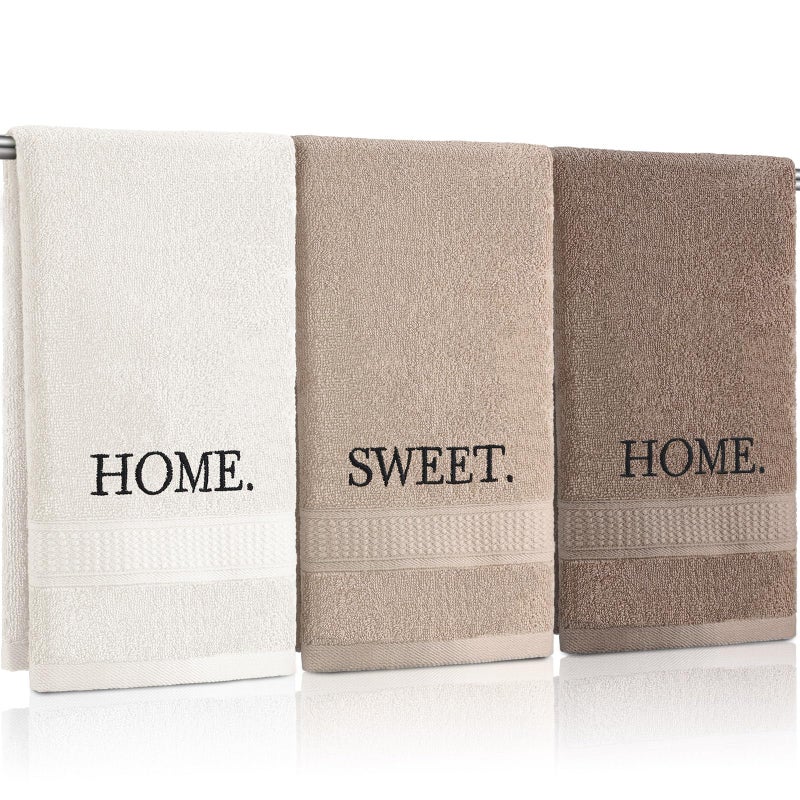 FuWeave 3 Pcs Farmhouse Decorative Hand Towels for Bathroom and Kitchen Rustic Embroidered Cotton Hand Towels Decorative Set for Boho Bathroom Decor(Brown,Home,Sweet,Home) - Image 1
