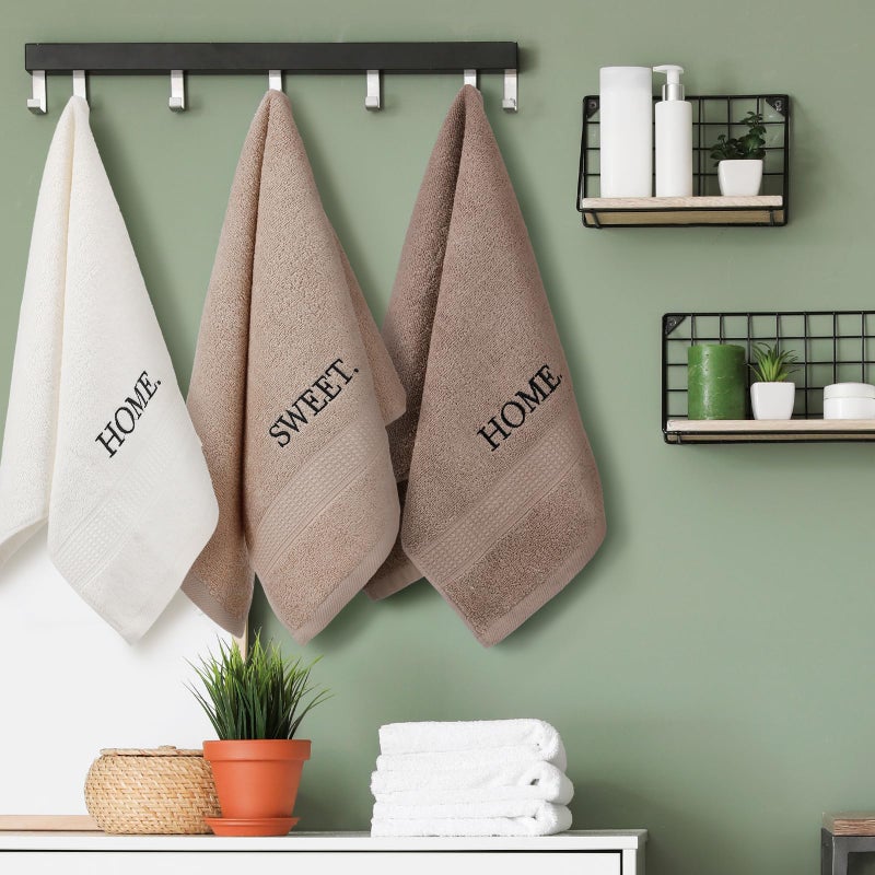 FuWeave 3 Pcs Farmhouse Decorative Hand Towels for Bathroom and Kitchen Rustic Embroidered Cotton Hand Towels Decorative Set for Boho Bathroom Decor(Brown,Home,Sweet,Home) - Image 3