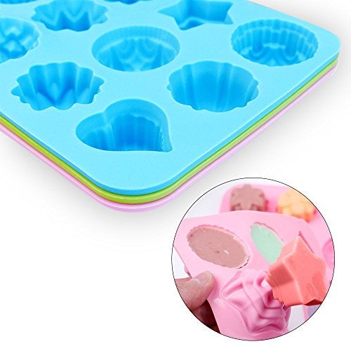 homEdge Food Grade Silicone Flowers Molds, Baking Pan with Flowers and Heart Shape Non-Stick 3-Pack Silicone Molds for Chocolate, Candy, Jelly, Ice Cube, Muffin (Pink, Blue and Green) - Image 3