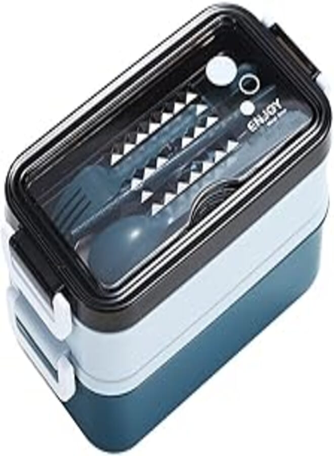 YumLock Leakproof Lunch Box for Adults & kids, Food grade safe material food container with 2 Compartments portion & 2 Dividers and cutlery set. Perfect for healthy lunches&snacks from home, Blue