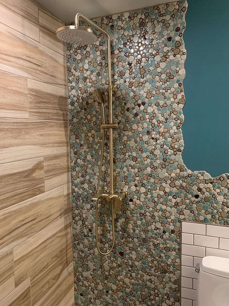 Hominter Pebble Porcelain Mosaic Glossy Mixed Aqua, Cream & Coffee Glazed Ceramic Tile for Bathroom, Shower Floor, Accent Wall, Spa Decor (5 Square Feet) - Image 5