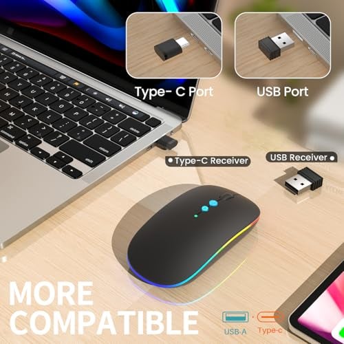 Halpilt LED Wireless Mouse A100S Rechargeable Portable Silent Mouse with Optional USB and Type-C Receiver 3-Speed Adjustable DPI for PC/Mac/Laptop (Frosted Black) - Image 3