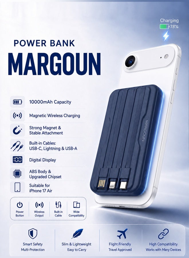 Magnetic Power Bank 10000mAh for iPhone 17 Air – MagSafe Compatible Portable Wireless Charger with Built-in Cables Type-C, Lightning, USB & Digital LED Display blue