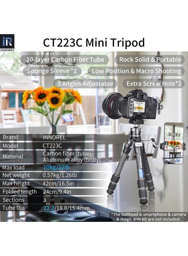Innorel 10-Layer Carbon Fiber Mini Tripod CT223C Desktop Tripod with Low Position Macro Shooting, Tabletop Camera Stand, Compact Lightweight Portable for Digital DSLR, DV Video, Max Load 22lb/10kg - Image 2