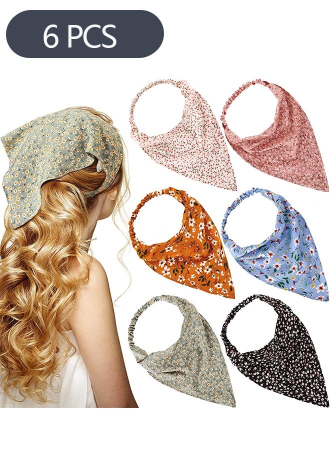 6-Piece Floral Elastic Hair Bandanas, Vintage Chiffon Triangle Kerchief Headband, Chiffon Printed Turban for Women Girls Hair Accessories - Image 1
