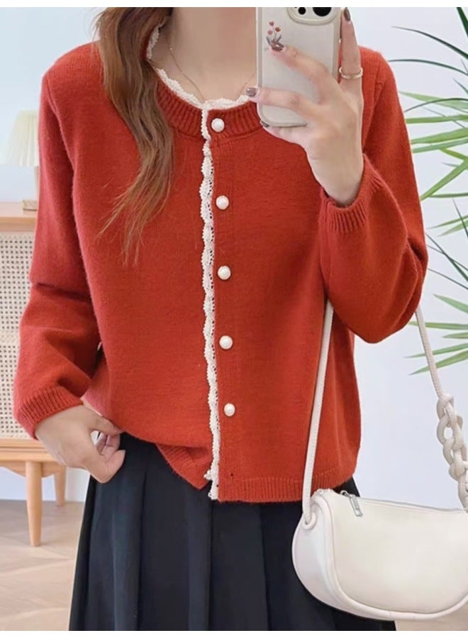 Leyuan Sweet Lace Trim Knitted Cardigan, New Arrival For Autumn And Winter, Fashionable Youthful Elegant Outerwear Sweater For Women - Image 1