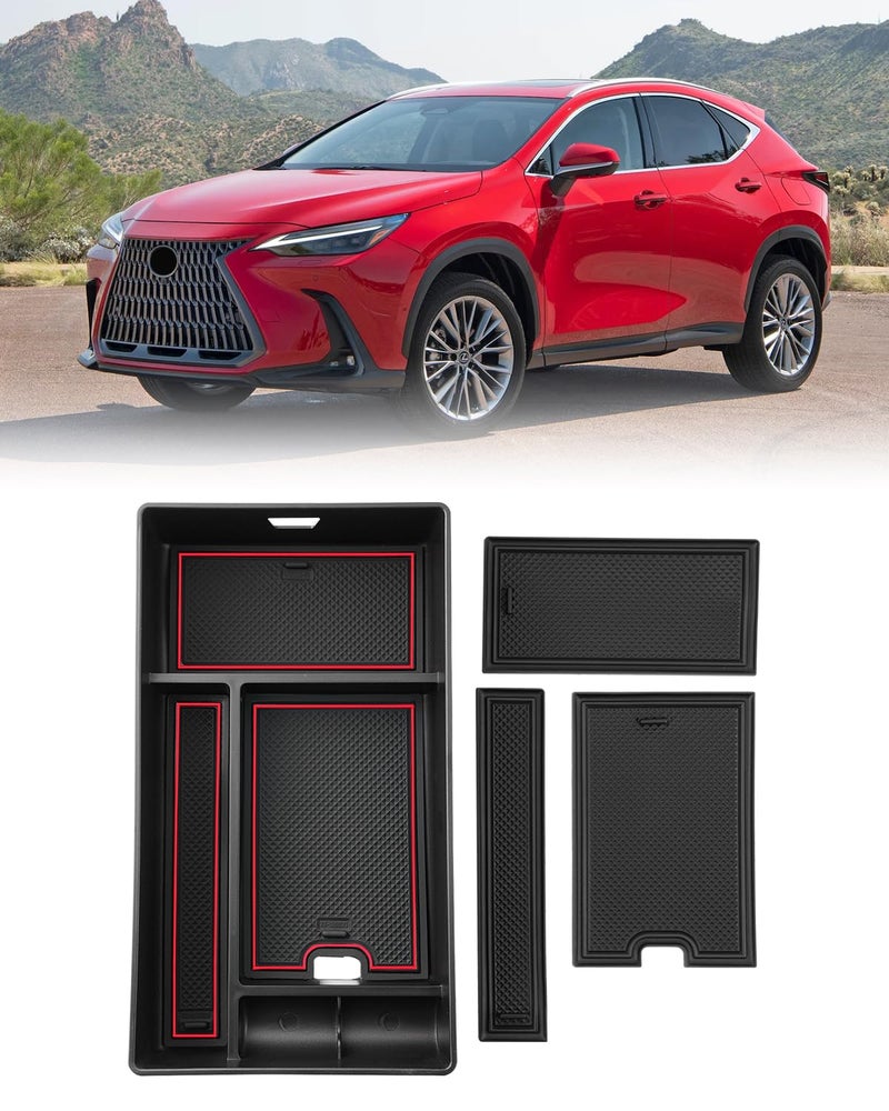 FIILINES Center Console Organizer Compatible with 2022 2023 2024 Lexus NX 250/NX 350/NX 350h/NX 450h+ Armrest Storage Box ABS Console Insert Tray 2023 2024 NX Accessories with Black and Red Mats