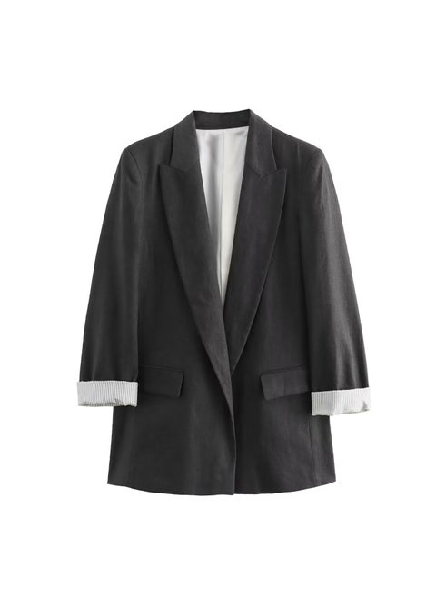 Linen Wool Blend Roll Sleeve No Button Suit Jacket 2024 Spring Autumn New Product European American Cross-border Womens Fashion coal gray