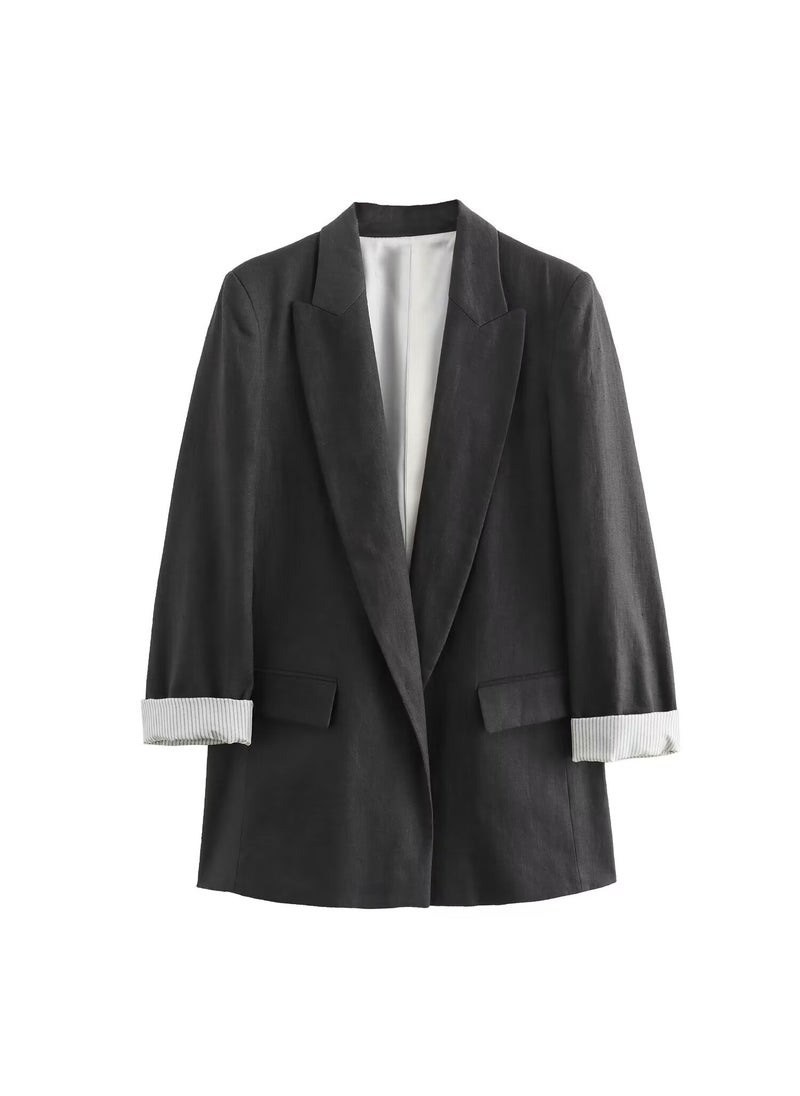 Generic - Linen Wool Blend Roll Sleeve No Button Suit Jacket 2024 Spring Autumn New Product European American Cross-border Womens Fashion coal gray - Image 1