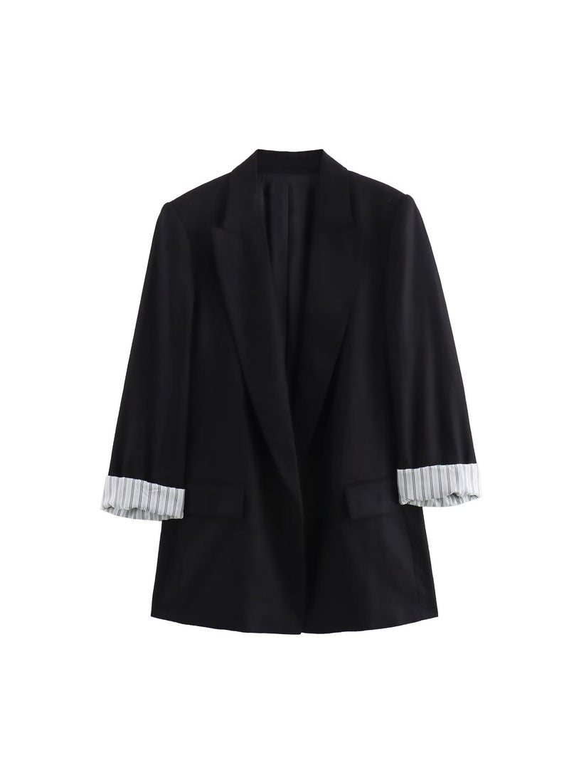 Generic - Linen Wool Blend Roll Sleeve No Button Suit Jacket 2024 Spring Autumn New Product European American Cross-border Womens Fashion coal gray - Image 1
